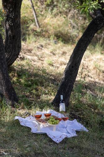 a table with glasses of wine and a plate of food at Cozy chalet "Da Silvio e Bruna" in Santo Stefano di Sessanio