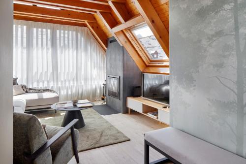 a living room with a skylight and a couch and a television at Les Marmottes by FeelFree Rentals in Vielha