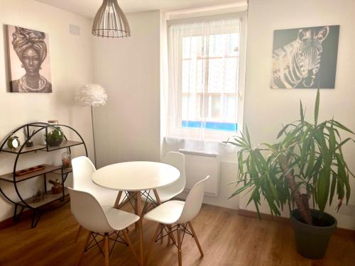 une salle à manger avec une table, des chaises et une plante dans l'établissement Appartement cosy au centre-ville, à Haguenau