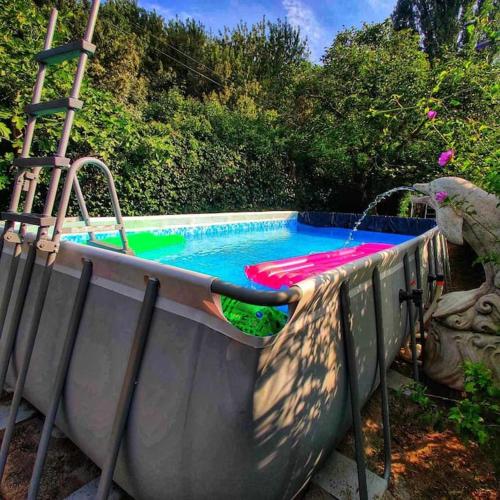 - une grande piscine avec une échelle à côté dans l'établissement Maison de campagne rénovée, à Puyvert