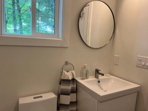 un bagno con lavandino, specchio e WC di Davi's Lake House a Torrance