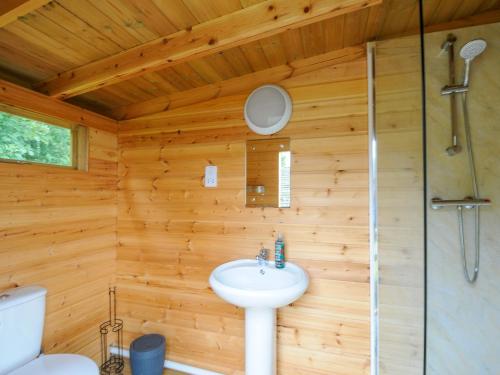 a bathroom with wooden walls and a sink and a shower at Bull Shed Penbugle Organic Farm in Liskeard
