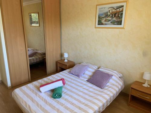 une chambre avec un lit et un grand miroir dans l'établissement T2 à proximité des plages, à Cannes