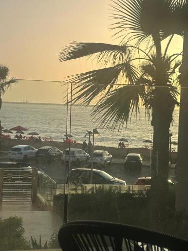 a view of a beach with a palm tree and cars at Rock Island Appartement Haut standing pied dans l'eau Mohammedia in Mohammedia