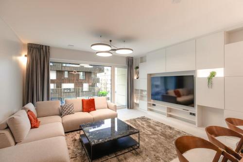 a living room with a couch and a tv at Henry's Appt with a private Suite 412 - Shared kitchen in Luxembourg