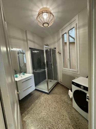 une salle de bain avec douche et lavabo dans l'établissement OSLO, hyper centre, proche gare, marché Boulingrin, à Reims