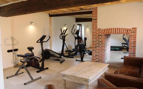 a living room with exercise bikes and a brick fireplace at Hostellerie Du Château Les Muids in La Ferté-Saint-Aubin