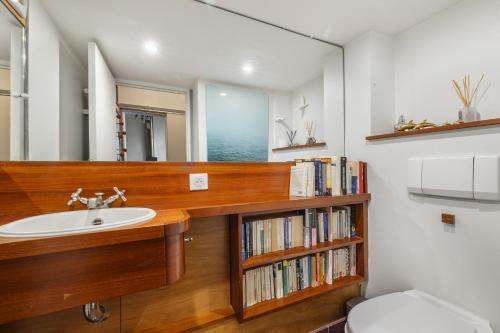 La salle de bains est pourvue d'un lavabo et d'une étagère avec des livres. dans l'établissement Pavleo, à Paris
