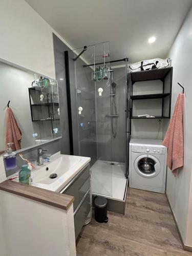 une salle de bain avec un lavabo et une machine à laver dans l'établissement Bandol-Plage EDEN ROC, à Bandol