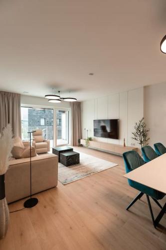 a living room with a couch and a tv at Henry's Appt with a private Suite 413 - Shared kitchen in Luxembourg