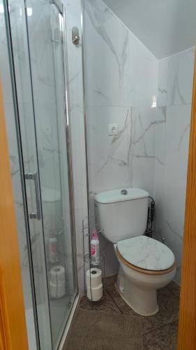a bathroom with a toilet and a glass shower at Golden Beach in Xeraco