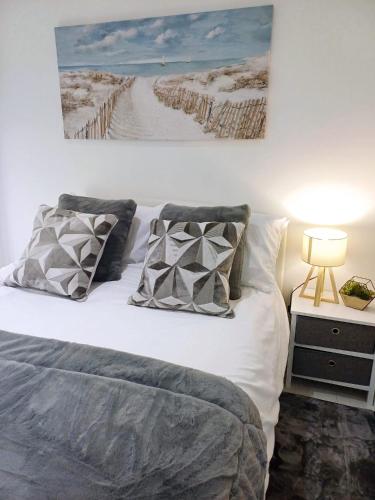 a bedroom with a bed with pillows and a picture on the wall at Tollymore Lodge in Newcastle