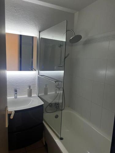 une salle de bain avec une douche en verre et un lavabo dans l'établissement Charmant petit Appartement avec vue sur la mer, à Sète