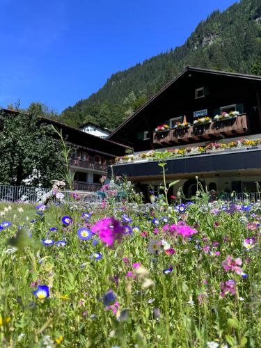 a field of flowers in front of a building at Haus am Rain in Partenen