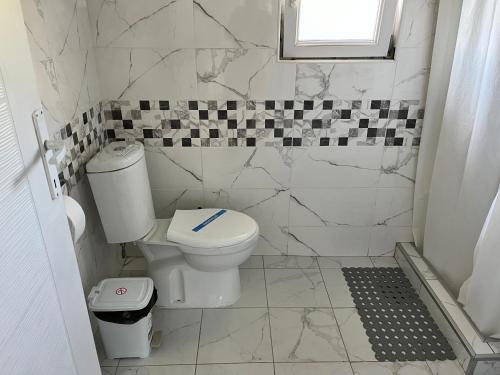 a white bathroom with a toilet and a window at Čajića avlija in Obrenovac