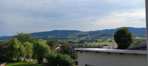 a view of a town with mountains in the background at Ferienwohnung by Pfleger's in Ulrichsberg