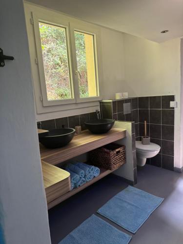 une salle de bain avec deux lavabos et un WC dans l'établissement Maison la Bouscasse, à Gabriac