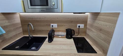 une cuisine avec un évier et un micro-ondes dans l'établissement Studio d'architecte en plein cœur de Paris 7ème arrondissement, à Paris