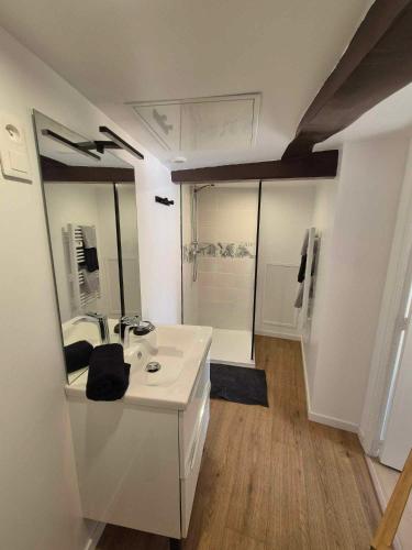 une salle de bain blanche avec un lavabo et une douche dans l'établissement La Villa Eudoise, à Eu