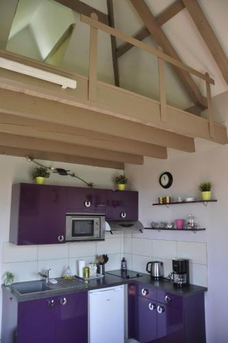 une cuisine avec des placards violets et un plafond dans l'établissement Le Pavillon Bellevue, à Bois-Guillaume