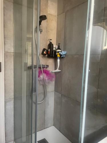 une douche avec une porte vitrée dans une salle de bain dans l'établissement Chambre calme et lumineuse, à Paris