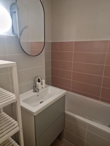 une salle de bain avec un lavabo, une baignoire et un miroir dans l'établissement T2 cosy 35 m2- centre historique Besançon, à Besançon
