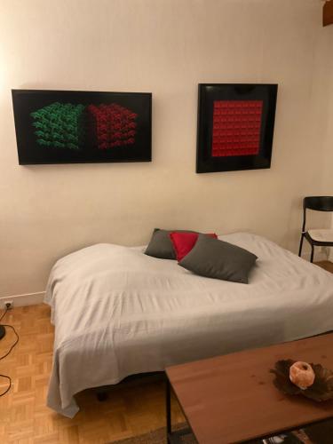 Ce lit se trouve dans un dortoir orné de 2 peintures murales. dans l'établissement Superbe appartement, résidence familiale, parking, à Chevilly-Larue