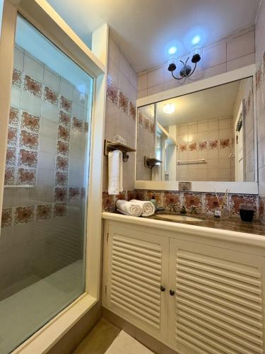 a bathroom with a shower and a sink and a mirror at Casa pe na areia em Buzios in Búzios