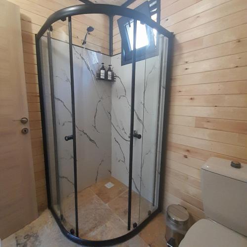 a shower with a glass door in a bathroom at La Vica Bungalow in Rize