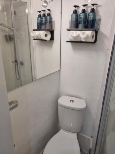 a white bathroom with a toilet and a shower at Studio at 113b - a home away from home in Hampton Hill