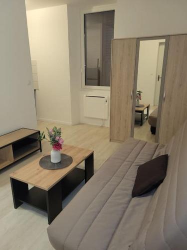 un salon avec un canapé et une table dans l'établissement Studio proche centre-ville, à Scionzier