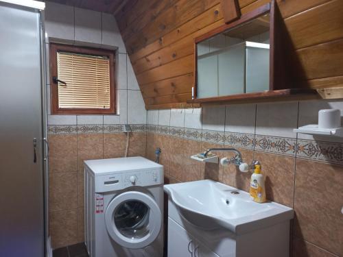 a bathroom with a washing machine and a sink at Vila Ami in Kremna