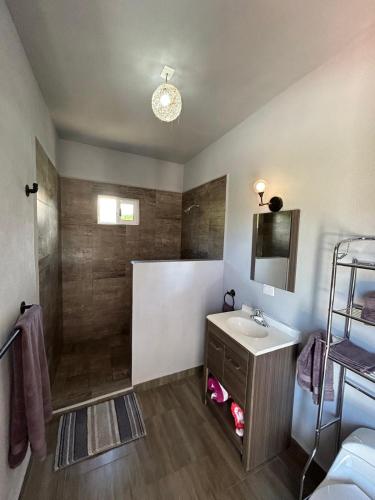 a bathroom with a sink and a shower at Tropical Oasis in San José del Cabo