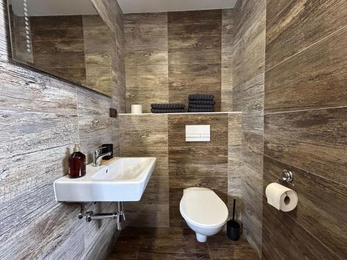 a bathroom with a sink and a toilet at Ubytování U Kostela in Ústí nad Labem