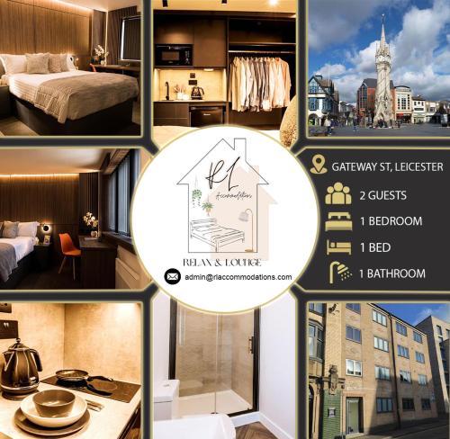 a collage of photos of a hotel room at Modern 1-Bed Studio 4D Close to Royal Infirmary & DMU in Leicester