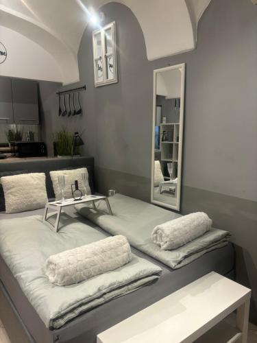 a room with two beds and a mirror at Studio Old Town in Maribor