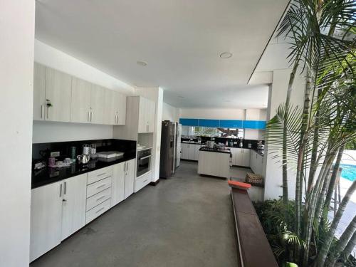 a large kitchen with white cabinets and a palm tree at Magnifica finca santa fe de Antioquia in Santa Fe de Antioquia