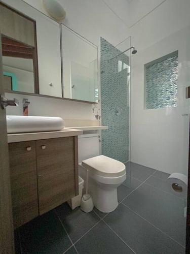 a bathroom with a toilet and a sink and a shower at Magnifica finca santa fe de Antioquia in Santa Fe de Antioquia