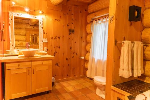 a bathroom with wooden walls and a toilet and a sink at Auberge Couleurs de France in Lac-Simon