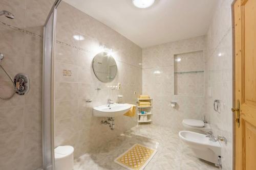 a bathroom with a sink and a toilet and a mirror at Appartement Anger in Lutago