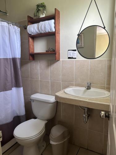 a bathroom with a toilet and a sink and a mirror at Hotel Andoria in San Salvador