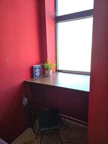 a chair sitting in front of a window with a plant at Red Diamond in Niš