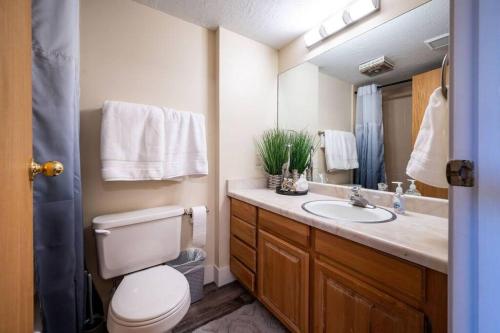 ein Badezimmer mit Toilette, Waschbecken und Spiegel in der Unterkunft Black Diamond Lodge with Resort Amenities in Eden