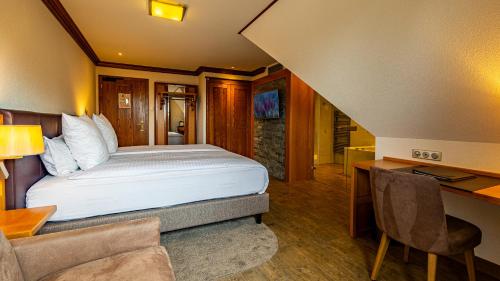a hotel room with a bed and a desk and a desk at Hotel Spa Restaurant Domaine du Moulin in Ensisheim