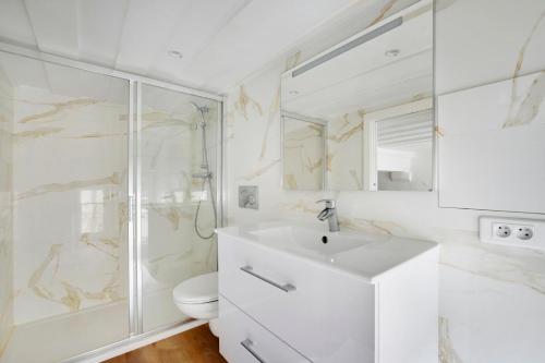 une salle de bain avec une douche, un lavabo et des toilettes dans l'établissement Duplex Notre-Dame de Paris, à Paris
