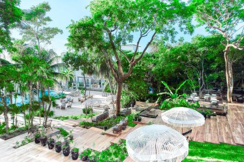 an overhead view of a garden with umbrellas and benches at Kimpton - Grand Roatan Resort and Spa in West Bay