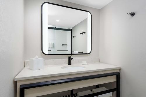 a bathroom with a sink and a large mirror at Hilton Garden Inn Ocean City Oceanfront in Ocean City