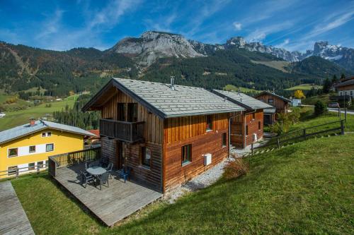 an overhead view of a wooden house with a deck at Holiday home in Annaberg im Lammertal - Tennengau 51127 in Annaberg im Lammertal