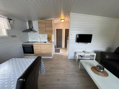a small living room with a couch and a kitchen at Skottneset Feriesenter in Barmen