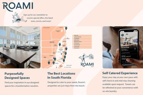 un folleto para un restaurante con una persona que tiene un teléfono móvil en Roami at Habitat Brickell, en Miami